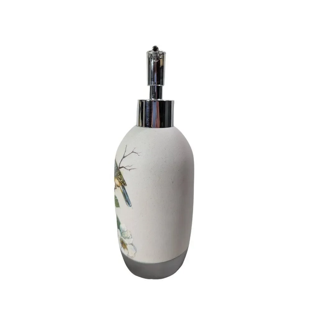 Bluebird Soap Dispenser Bird on Branch Ceramic Plastic Pump Blue White Bath Gift